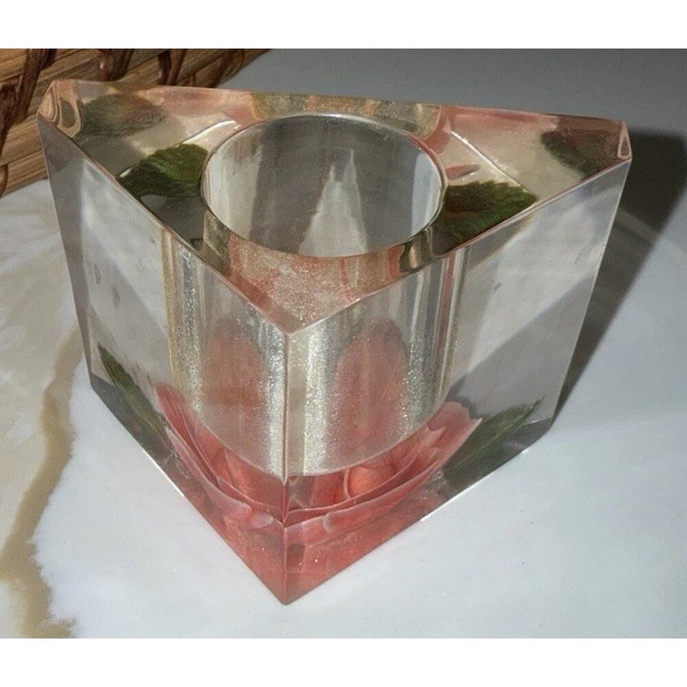 Vintage 1970’s Bircraft Pink Rose Green Leaves Triangular Lucite Candle Holder